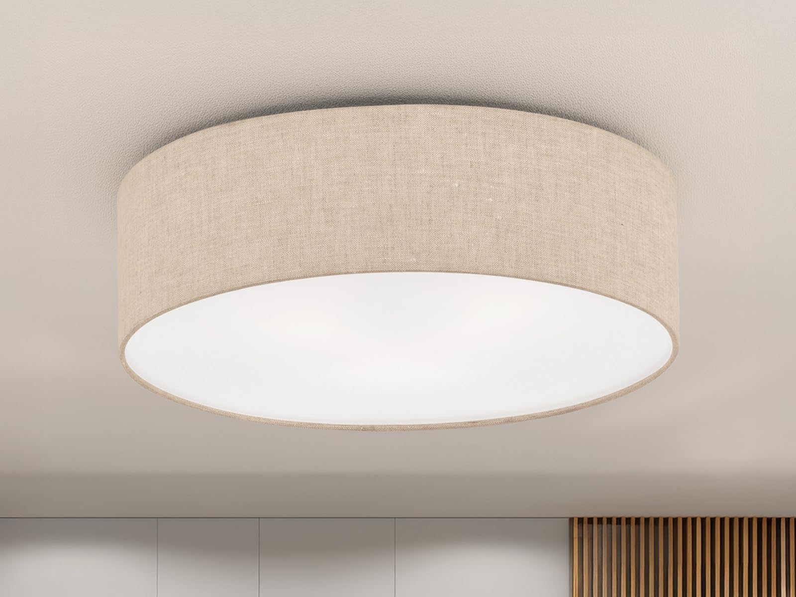 Runde Deckenleuchte mit Lampenschirm aus Leinen in Beige, Ø 40cm