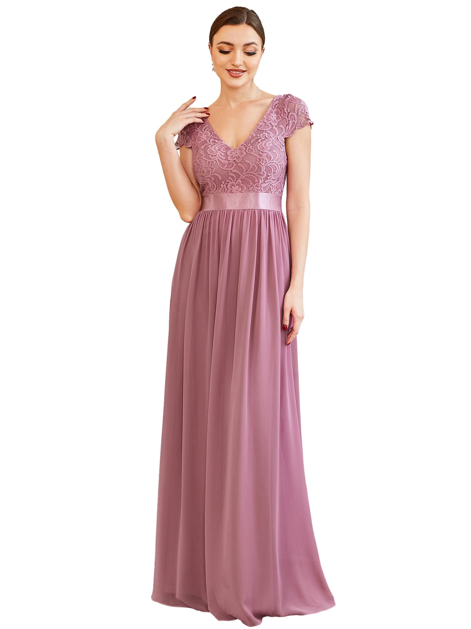 Ever-Pretty Vestido de Fiesta Largo para Mujer Escote en V Manga Corta A-línea Encaje Corte Imperio Elegantes 0057B