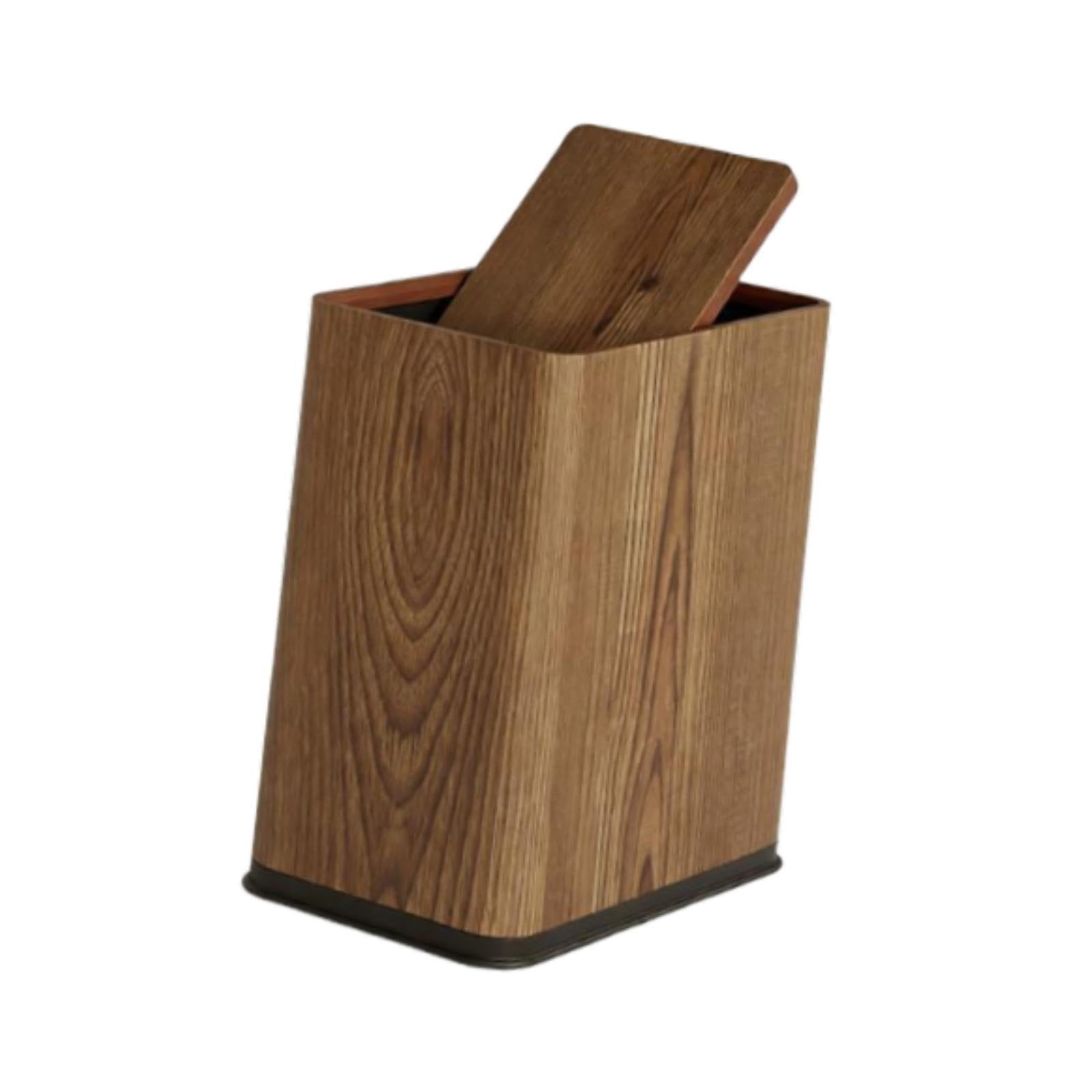 Bathroom Trash Can with Press Type Lid for Living Room Kitchen Restaurant Wood Patttern-image-32
