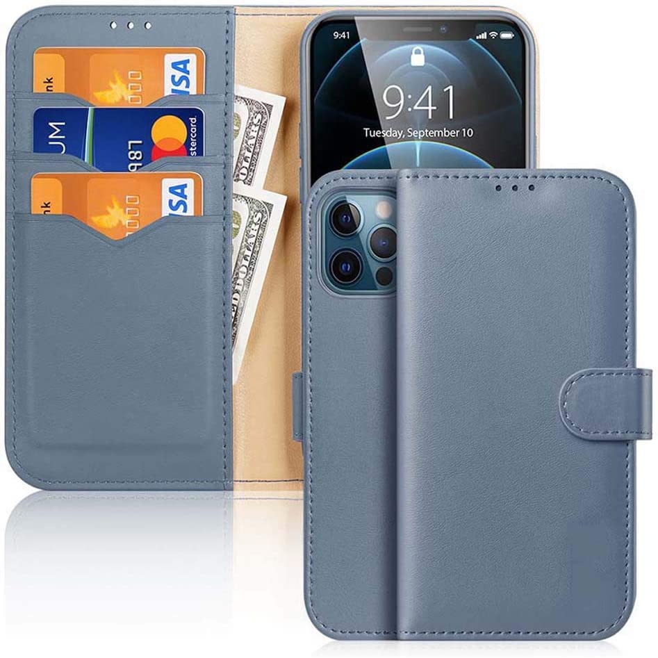 Étui portefeuille iPhone 12 Pro Max en cuir bleu avec blocage RFID
