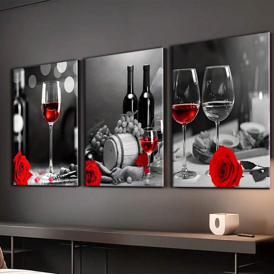 Toile rétro vin et rose XINBAO ensemble de 3 impressions murales de 30x50 cm pour la cuisine