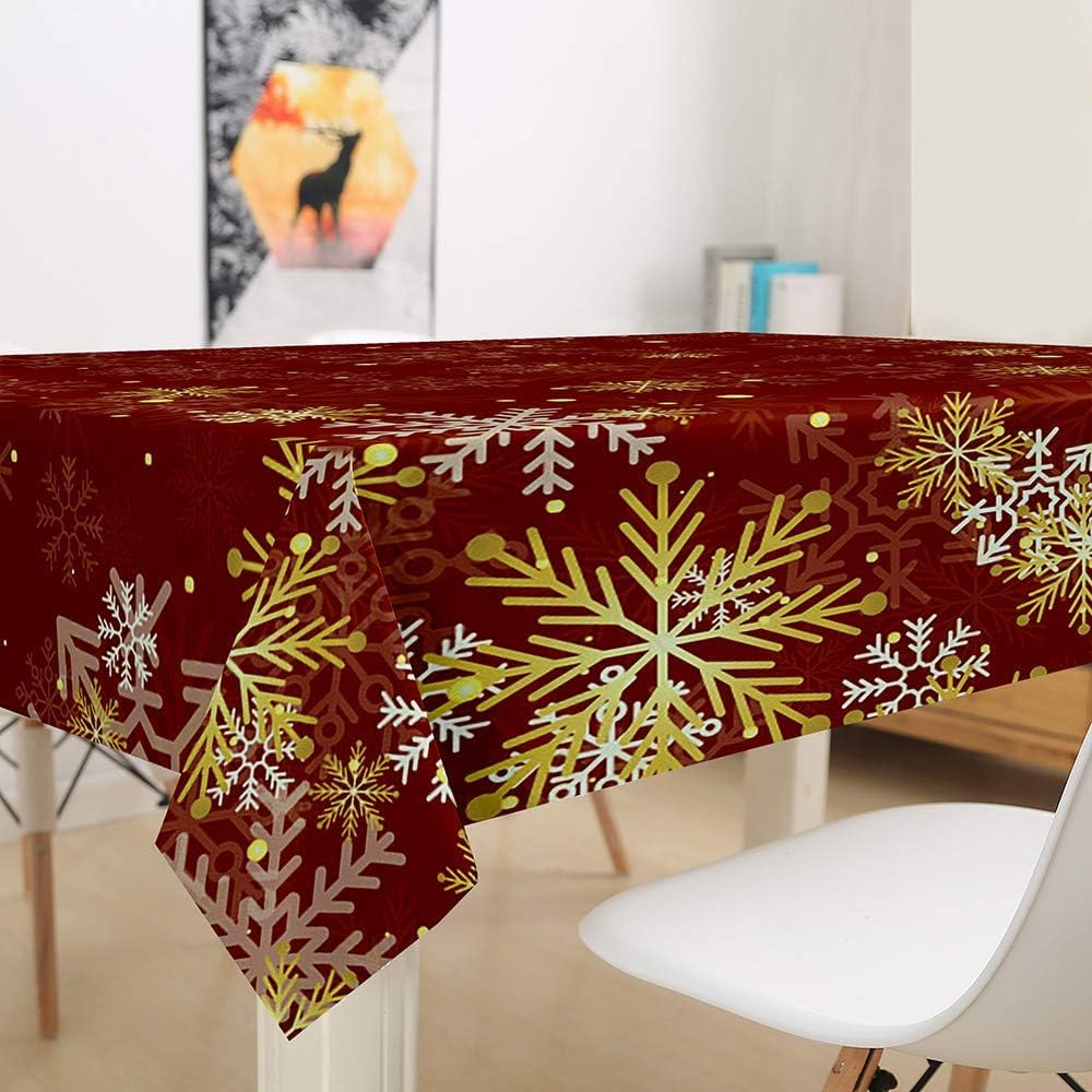 Tovaglia Antimacchia 300x140 cm Rettangolare Rosso Natalizio Tovaglie Impermeabile 3 Metri Copritavolo Poliestere Protezione Tavolo Fiocchi di Neve, per Feste (12-14 Posti) a-9708