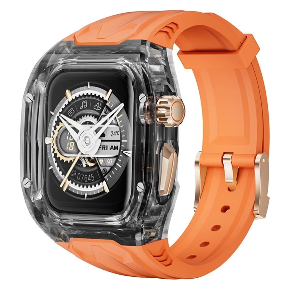 AMAUPCKCA Luxury Metal Modification Kit For Apple Watch Series 9 8 7 45mm 6 5 4 SE 44mm Rubber Band IWatch Refit Mod Kit Bezel Case Band(Orange-BlackT,45mm)
