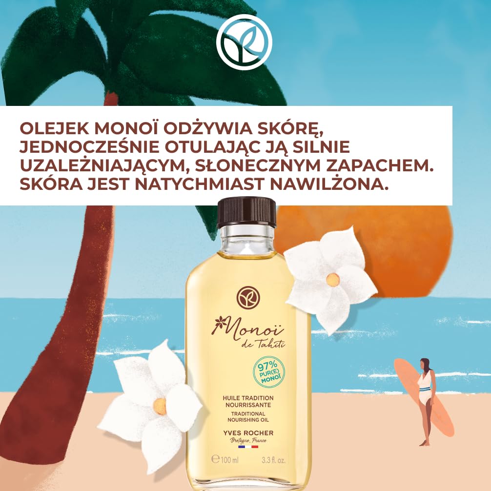 Yves Rocher Olejek odżywczy do ciała i włosów Monoi – 97% czystego Monoï z Tahiti – Intensywne odżywienie i nawilżenie, satynowa miękkość – Szklana butelka do recyklingu – 100 ml