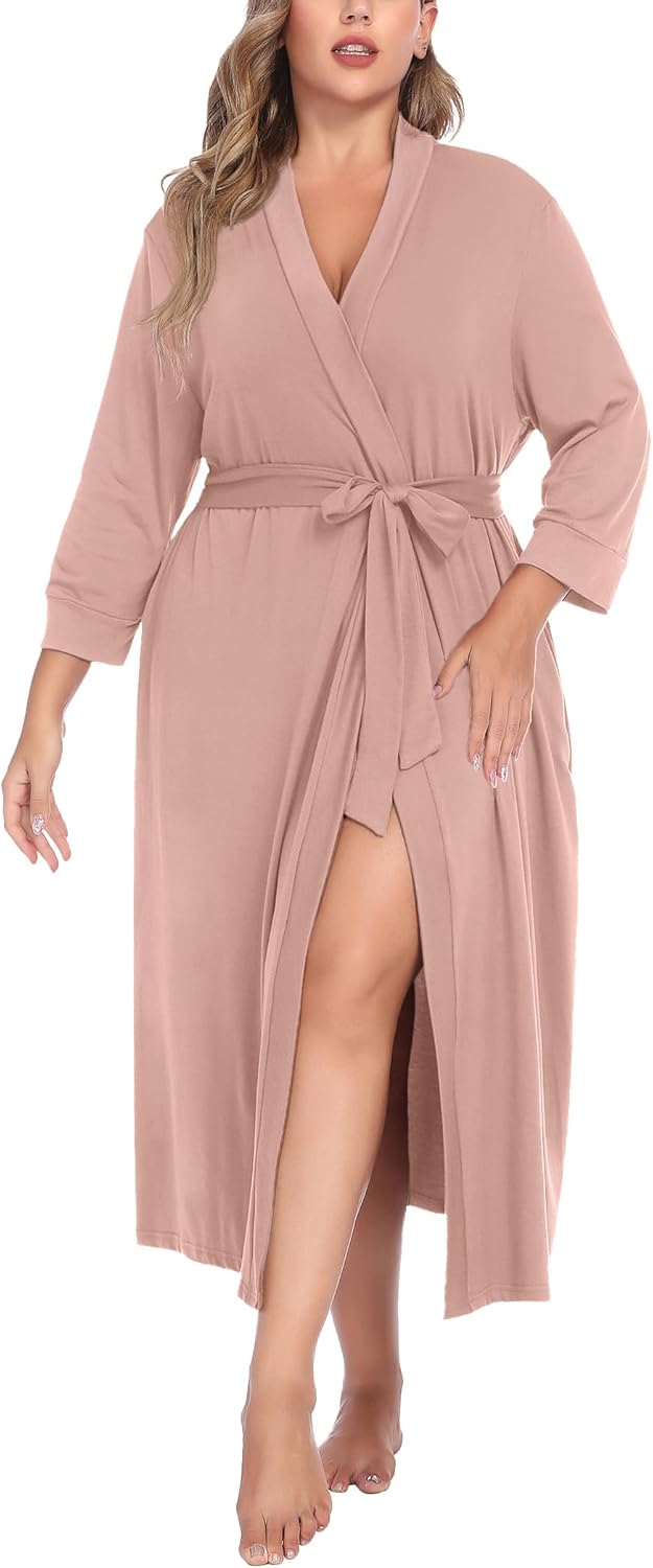 IN'VOLAND Womens Plus Size Kimono Robes Long Knit Bathrobe V Neck Ladies Loungewear Lightweight Soft Sleepwear 1X-5X