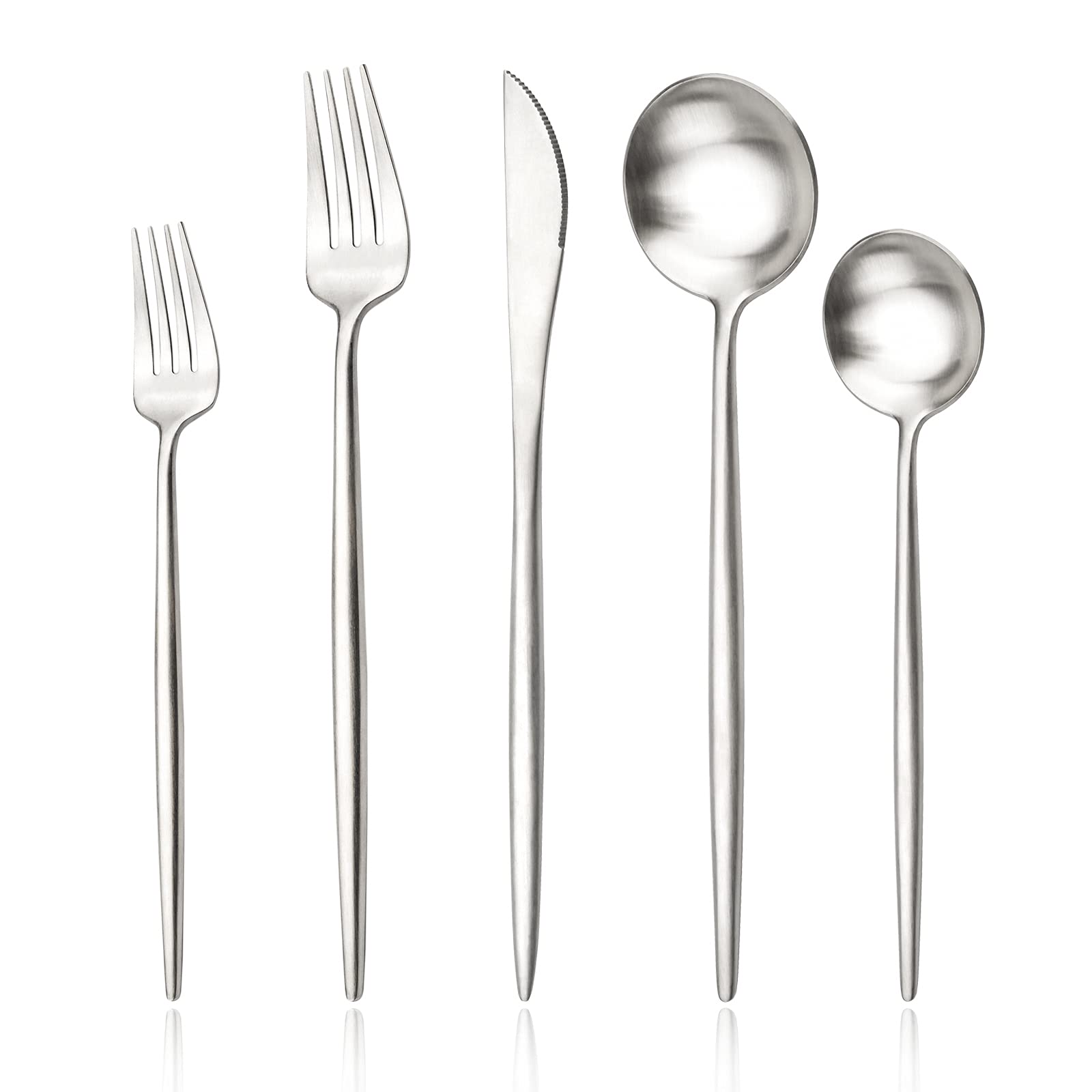 Juego de cubiertos de acero inoxidable 18/10 de 30 piezas, juego de cubiertos pesados mate, ideal para cenar en casa, pareja, restaurante, fiesta, banquete, servicio para 6 unidades (plata)