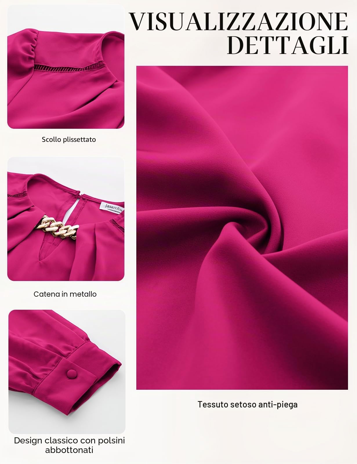 JASAMBAC Camicia da donna in raso, a maniche lunghe, con catena decorativa, elegante, in raso, per feste, da lavoro, in seta