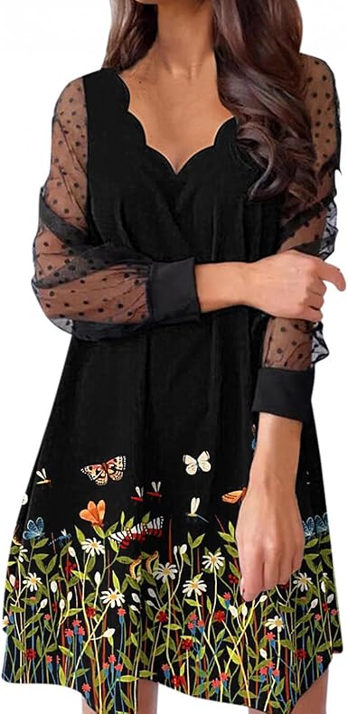 Amazon.com: Vestidos para fiesta de mujer, vestido elegante de manga larga  con estampado de mariposa vintage con cuello en V : Ropa, Zapatos y Joyería
