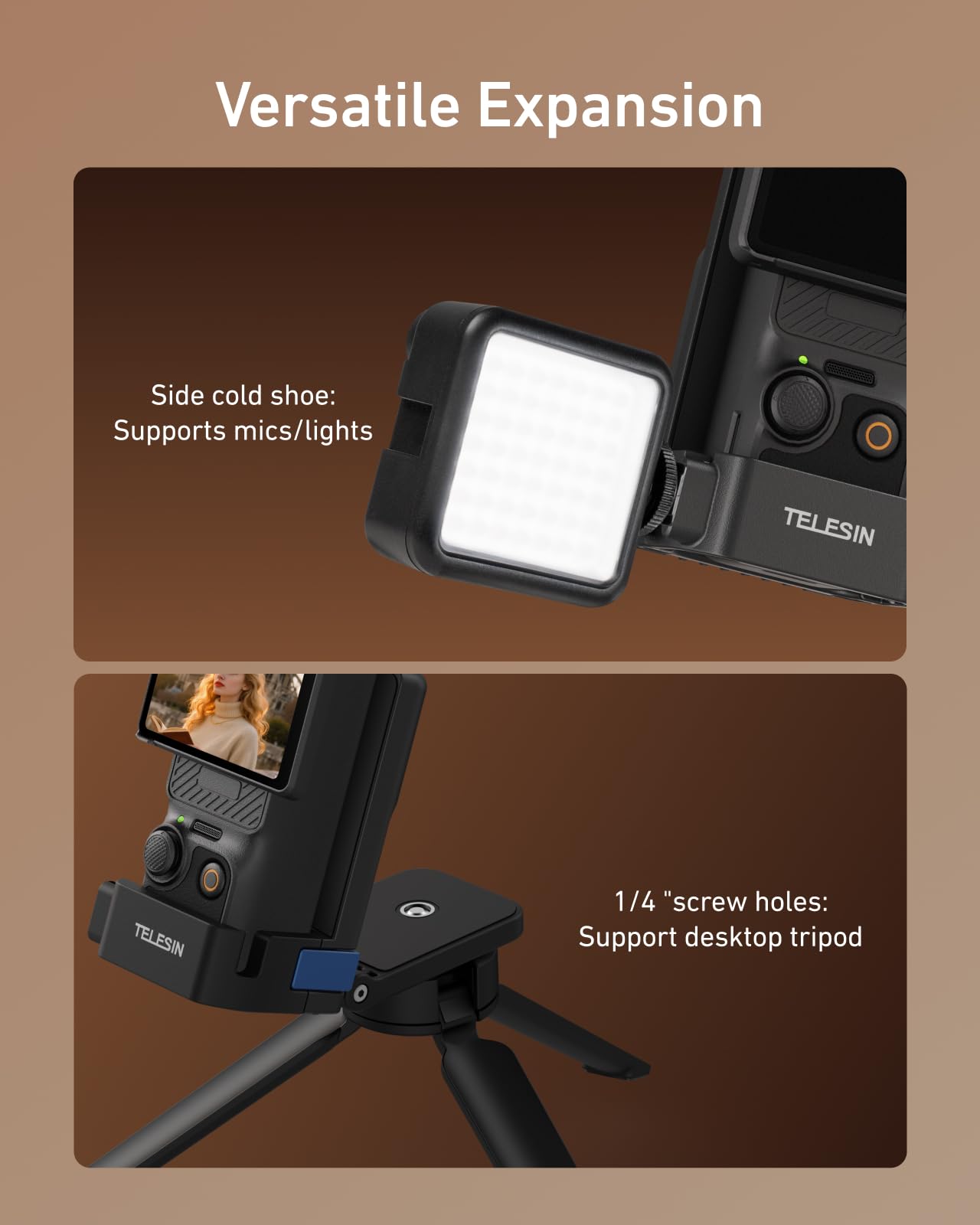 TELESIN Pocket 4 3 Soporte magnético, Adaptador de expansión, Accesorio para dji Osmo Pocket 4 3, 180°, Mango Ajustable, Soporte de Metal con Orificio roscado de 1/4 Pulgadas y Soporte para Zapata