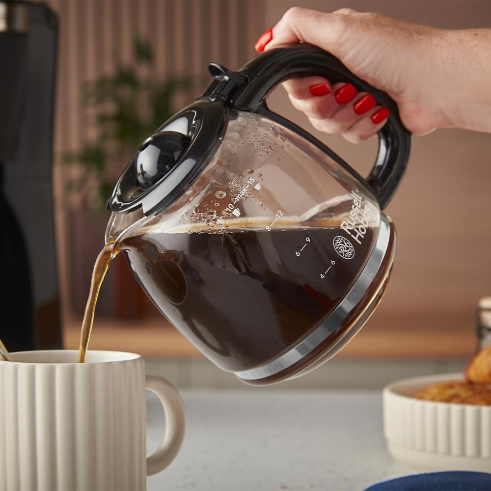 Russell Hobbs Amerykański ekspres do kawy, z filtrem [1,25 l, 1100 W] Brontë czarny (technologia WhirlTech, odporna na kapanie, utrzymywanie ciepła, szklany dzbanek, funkcja pauzy i serwowania