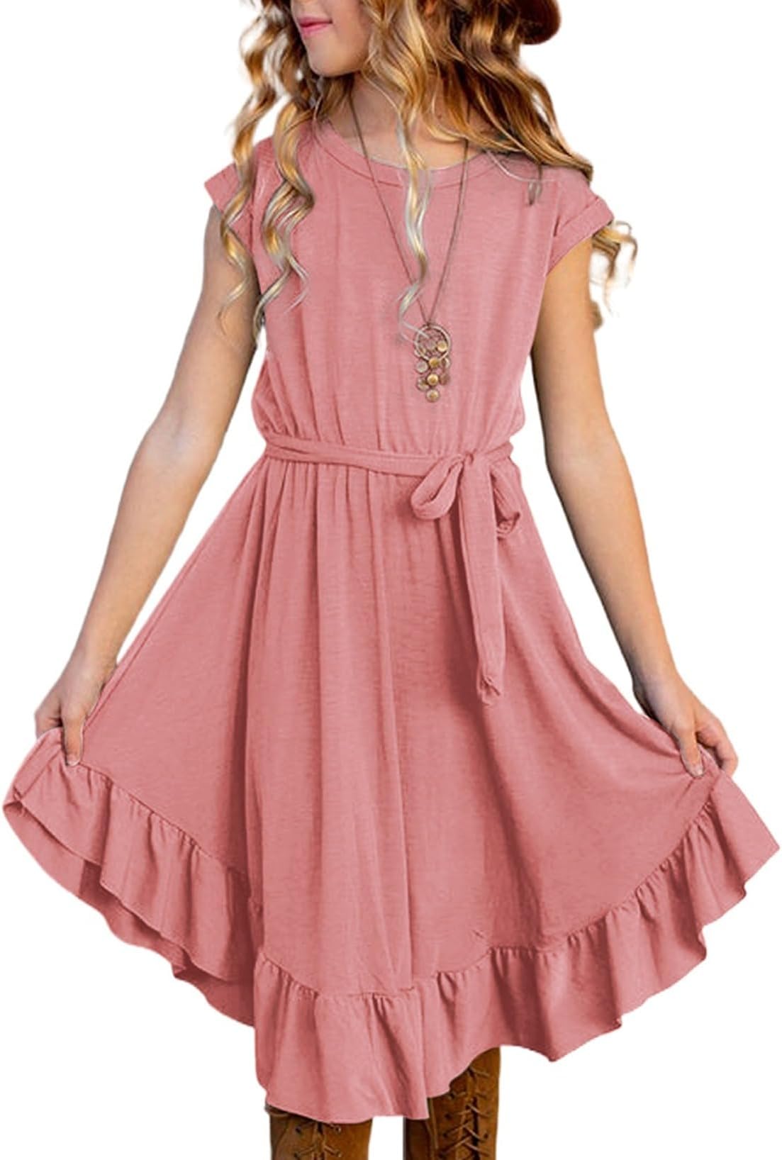 Girls Summer Dresses Shorts Sleeve Kids Casual Dress 4-13 Years