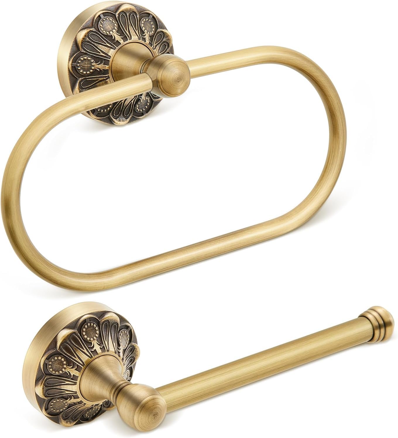 Antique Brass Toilet Paper Holder Hand Towel Ring Set, Retro Gold Brushed Towel Holder Tissue Roll Hanger Wall Mount, Vintage Bathroom Accessories(Oval)