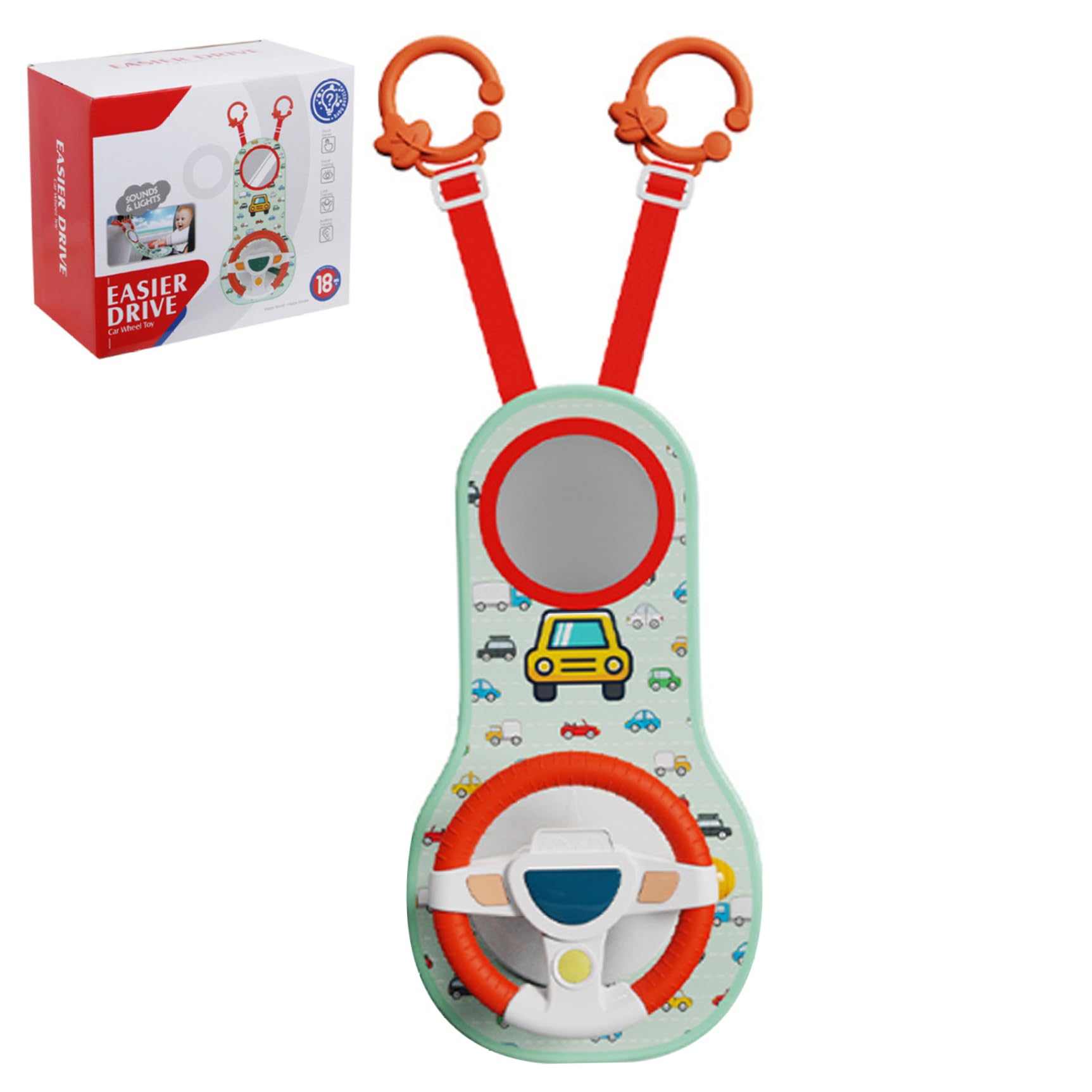 Giocattolo per seggiolino auto rivolto all'indietro, volante per bambini con rotazione a 360° con specchio, musica, luci e suoni di guida, volante per bambini da 12 mesi in su per sedile posteriore d
