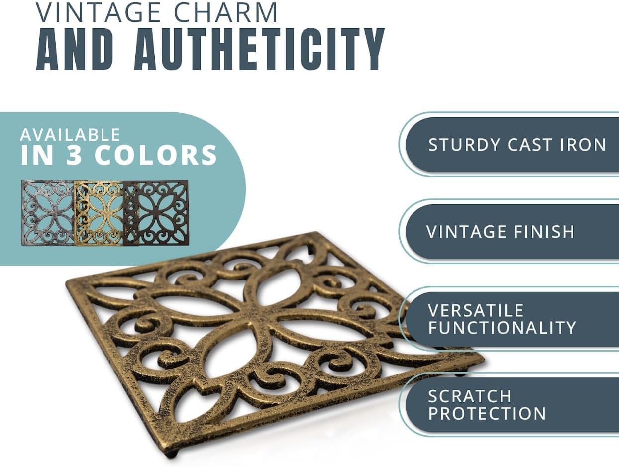 Comfify Gold with Black Cast Iron Trivet – Square 6.5"×6.5" – Rubber Feet