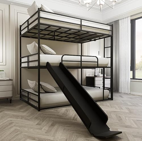 Bellemave Full Triple bunk Beds with Slide Bunk Bed Frame 3 Bed Bunk Beds for Kids Teens Boys Girls with 2 Ladder/Full-Length Guardrails, Black