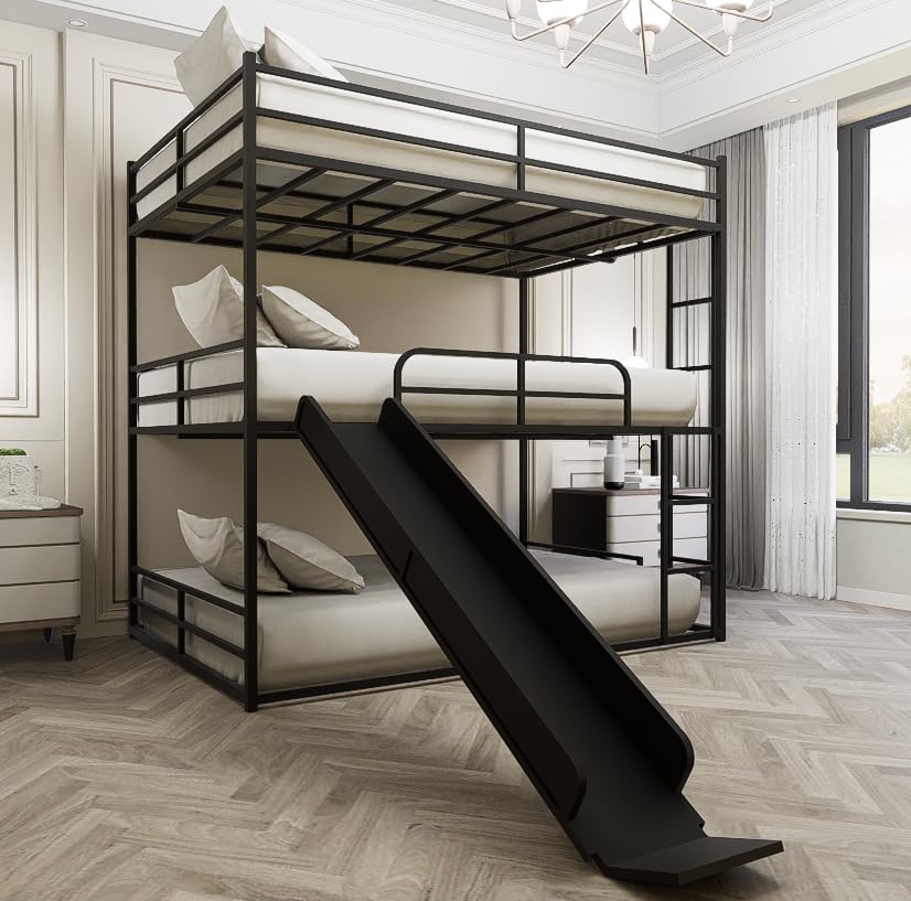 Bellemave Triple Beds with Slide Full Over Full Over Full Bunk Bed Frame 3 Bed Bunk Beds for Kids Teens Boys Girls with 2 Ladder/Full-Length Guardrails, Black