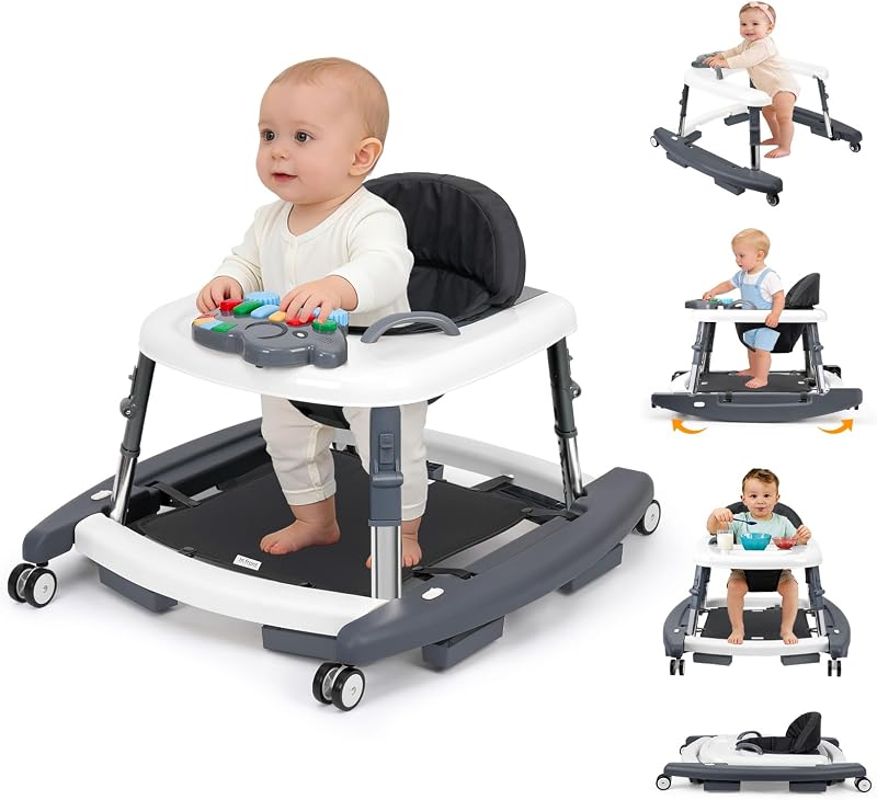 Andador de bebé 5 en 1 para niños y niñas música y luces de 6 a 18 meses, andador plegable con 5 alturas ajustables, andador para niños pequeños con ruedas y combo portátil (gris oscuro)