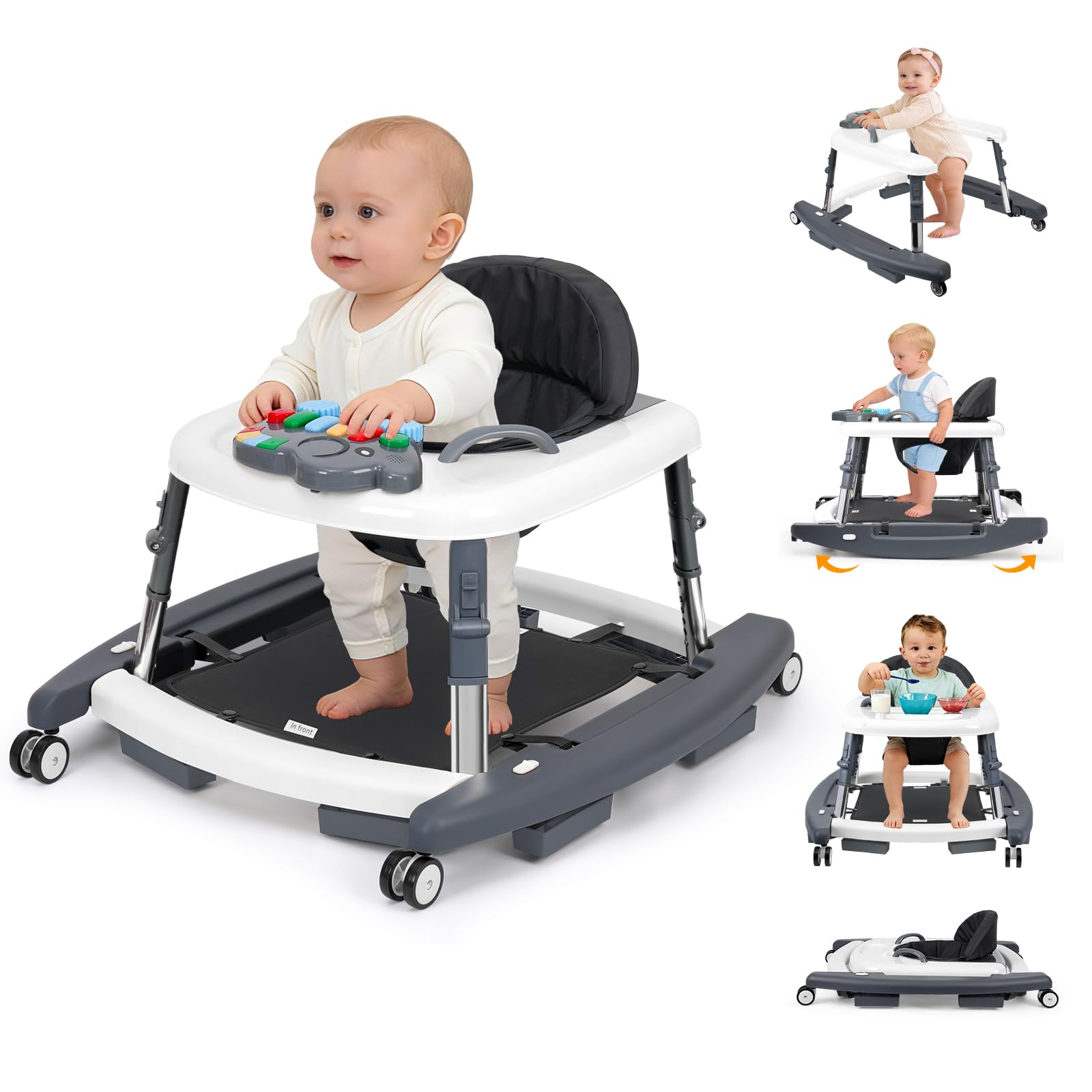 5-in-1 Baby Walker for Boys and Girls Music and Lights 6-18 Month, Foldable Baby Walkers with 5 Adjustable Heights, Infant Toddler Walker with Wheels and Combo Portable（Dark Gray）