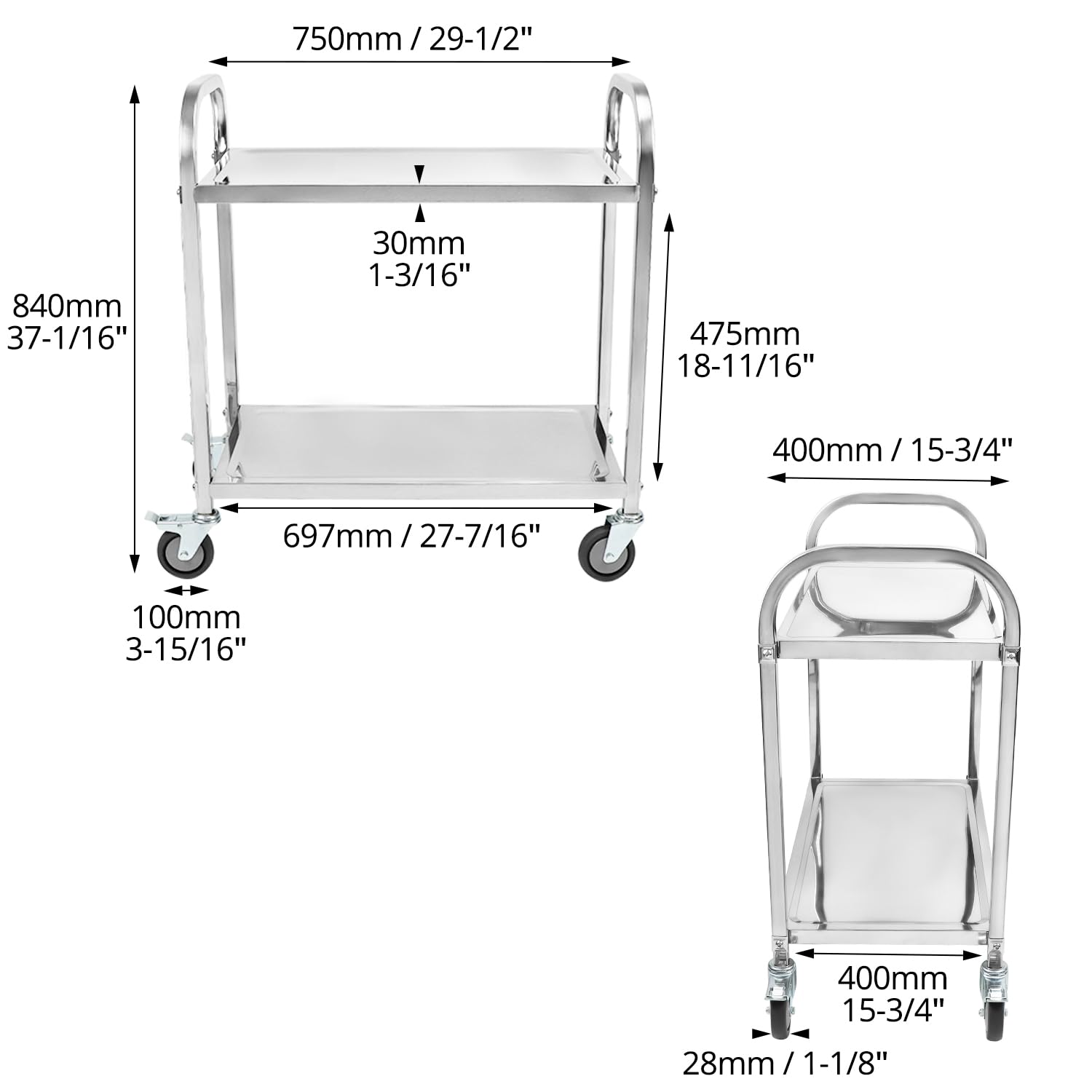 QWORK® Carro de Cocina de 2 Niveles - 75 x 40 x 83,5 cm - Acero Inoxidable 201- Ruedas silenciosas con Frenos