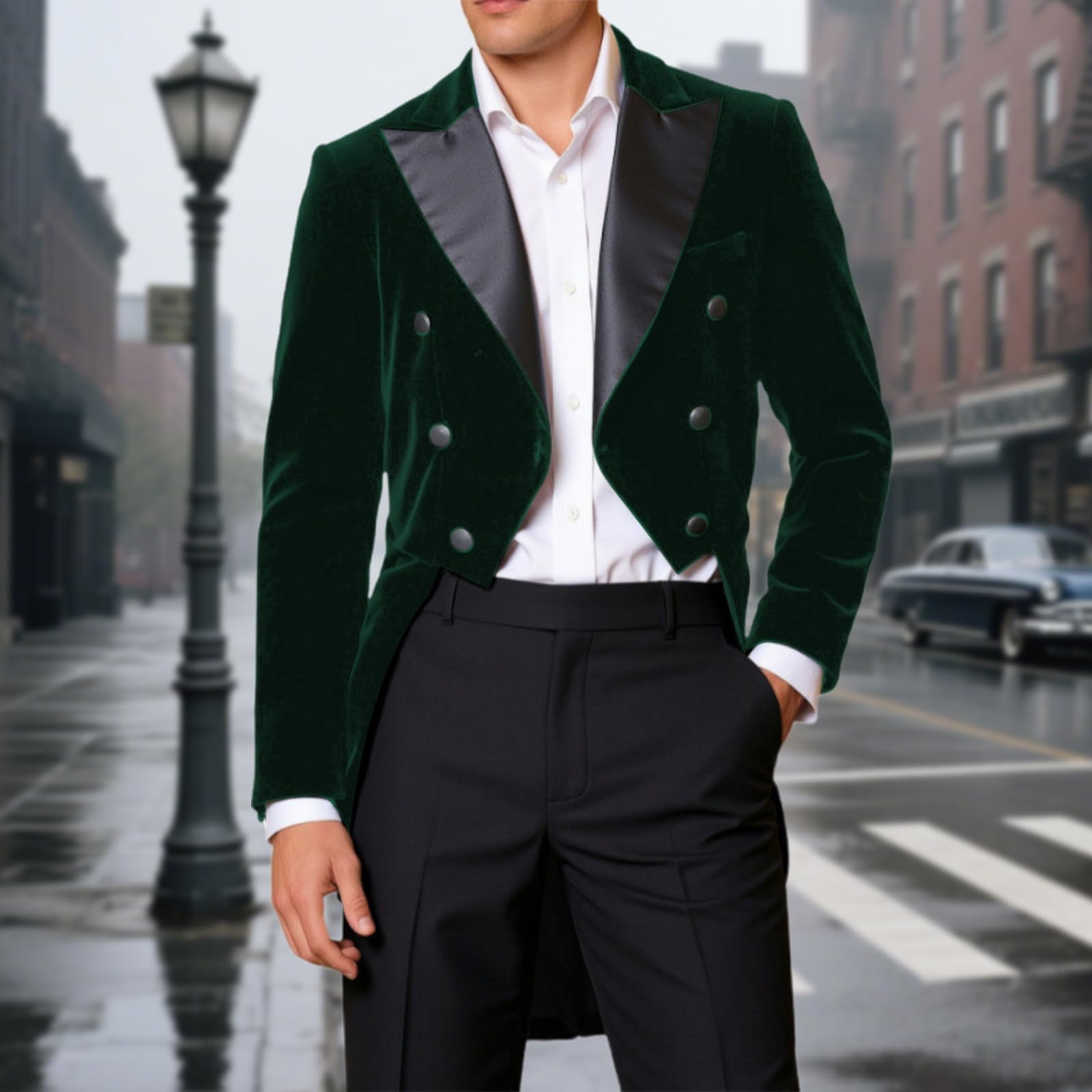 Generisch Giacca da uomo smoking elegante con risvolto in velluto, blazer slim fit, per cena, matrimonio, ballo di fine anno, Natale, giacca slim fit, cappotto frack, casual, feste, blazer