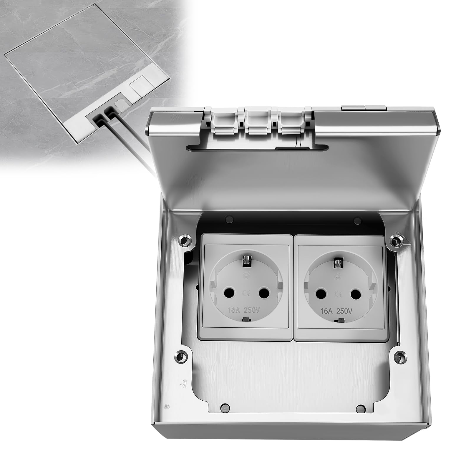Scatola di corrente da incasso a pavimento 16A 4000W in acciaio inox impermeabile, 2 prese elettriche UE, set da pavimento retrattile per cucina, soggiorno, ufficio, hotel