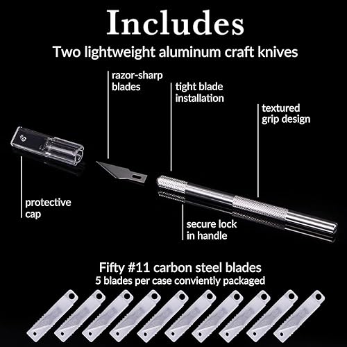 Miniatura 4 de WA Portman - Juego de cuchillos de hobby – 1 cuchillo de precisión con 10 cuchillas de acero SK5#11 – Herramienta de corte de arte para papel