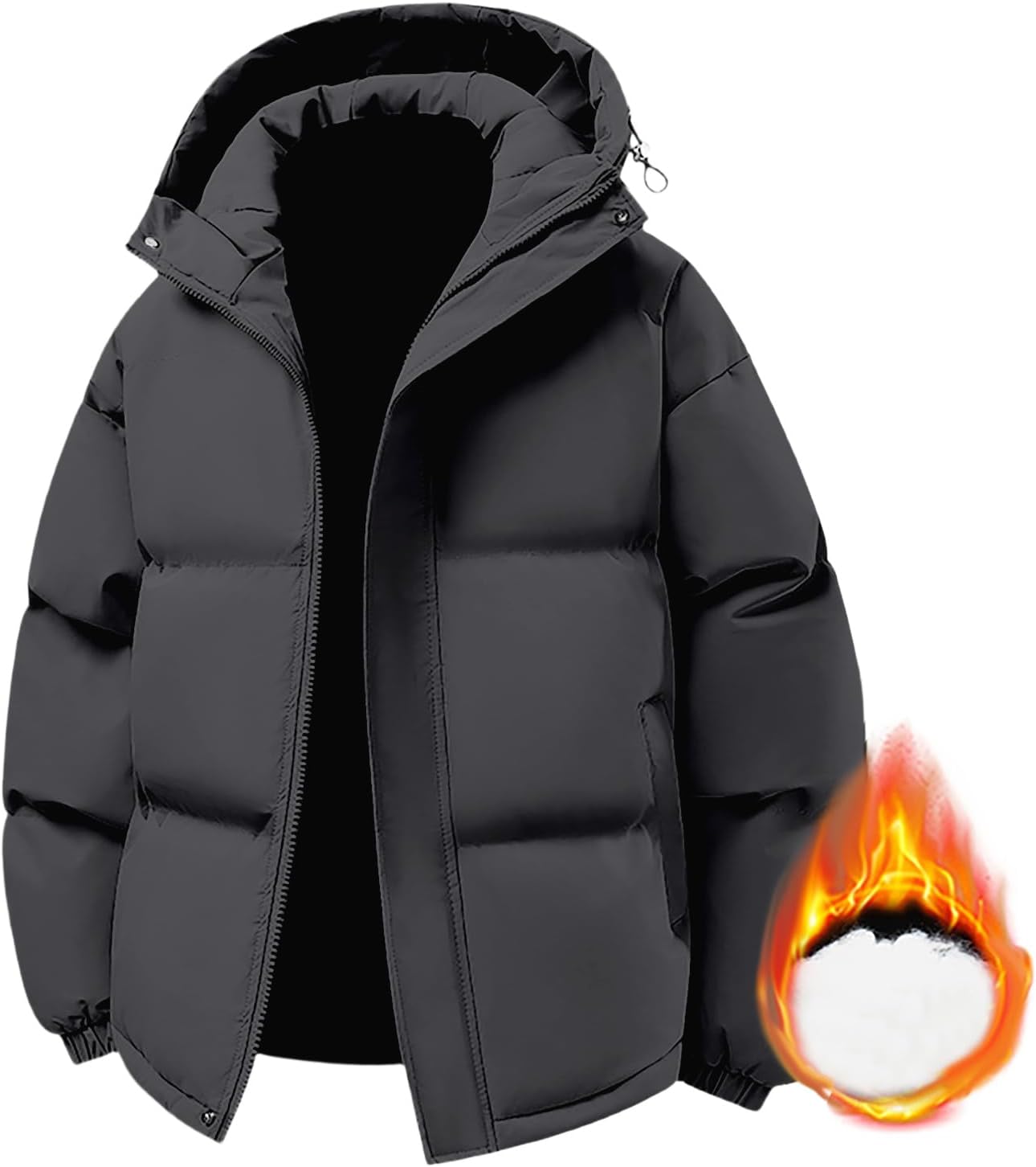 FQZWONG Mens Hooded Padded Jacket Winter Full Zip Long Sleeve Jackets Casual Windproof Quilted Coat Adjustable Drawstring Hem