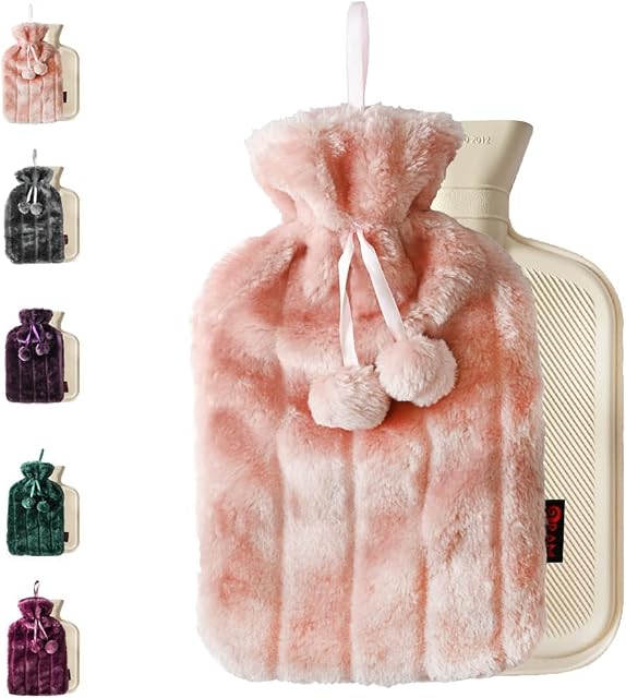 Ram® Large Cosy 2L Litre Rubber Hot Water Bottle with Faux Fluffy Cover Pink