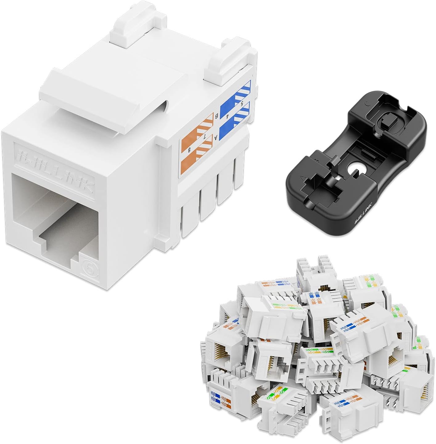 iwillink 10Gbps Cat6 Keystone Jack, RJ45 Keystone Jack 25-Pack and Keystone Punch-Down Stand, UTP Modular Ethernet Jack Insert 90-Degree, Punch Down Keystone Adapter, White