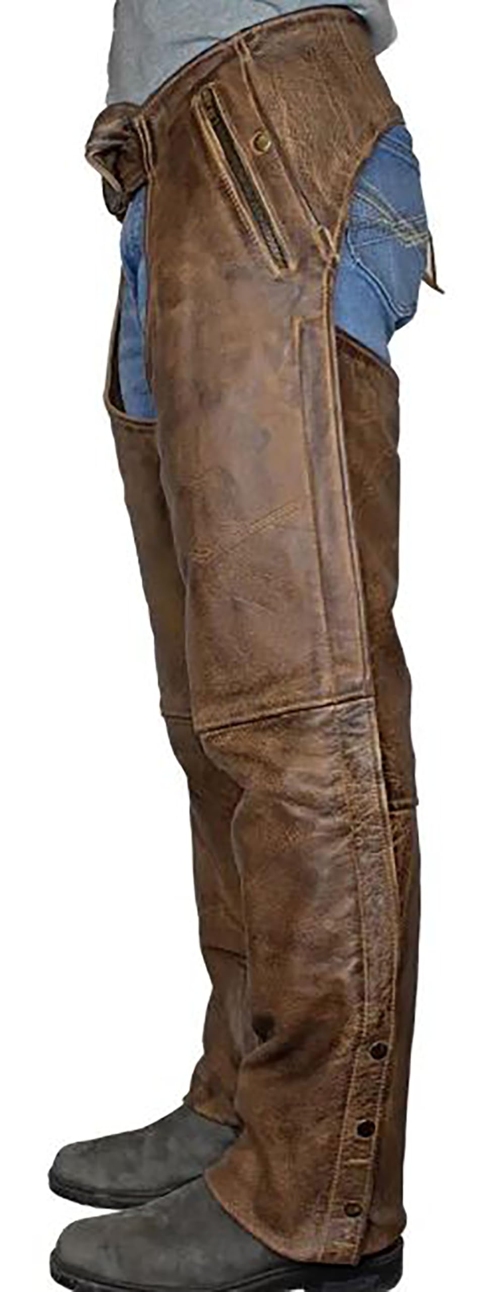Herren-Chaps aus hochwertigem Leder, Vintage-Stil, Braun, 2 Taschen, Braun