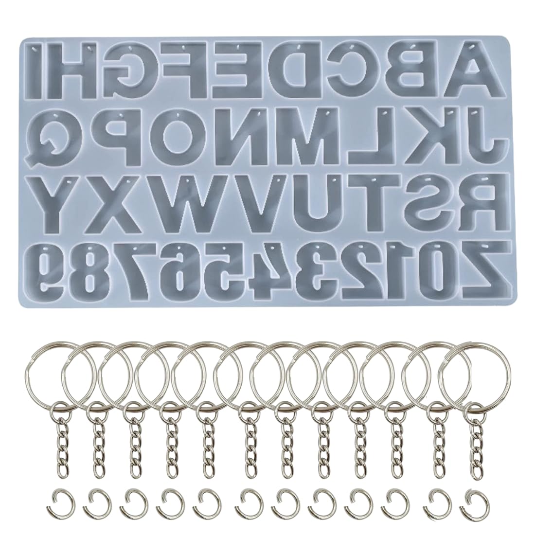 Oytra Resin Alphabet Keychain Silicone Mould for DIY Art and Craft Materials with 12 Keyrings Letter and Number Casting Set for Beginners Artists Professionals for Gifting
