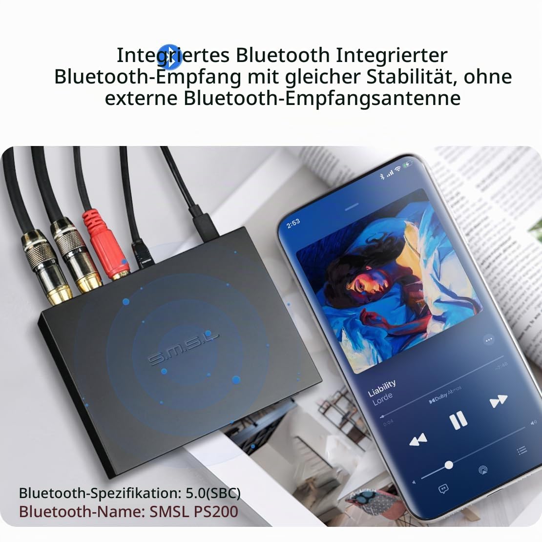 SMSL PS200 ES9039Q2M DA Wandler, 4*Dual OP XMOS XU316 PCM32Bit/768kHz DSD512 USB DAC, MQA DAC, USB/Optisch/Coaxial/Bluetooth 5.0 zu RCA DAC Konverter, Gaming DAC für PS5 Switch PC Telefon