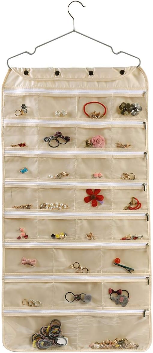 combocube Beige Oxford Dual Side 60 Zippered Pockets Hanging Jewelry Organizer(Hanger Included)(Oxford Beige)