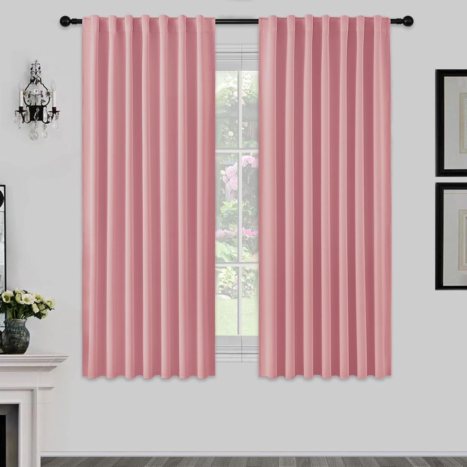 Joydeco Juego de 2 cortinas ocultas con trabillas, altura 175 x ancho 140 cm, color rosa, blackout, opacas, cortas, de poliéster, con paso para barra, para dormitorio y salón OEKO-TEX STANDARD 100