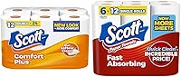 Bundle of Scott ComfortPlus Toilet Paper, 12 Double Rolls, 231 Sheets per Roll, 1-Ply Toilet Tissue + Scott Paper Towels, Choose-A-Sheet, 6 Double Rolls = 12 Regular Rolls (108 Sheets Per Roll)