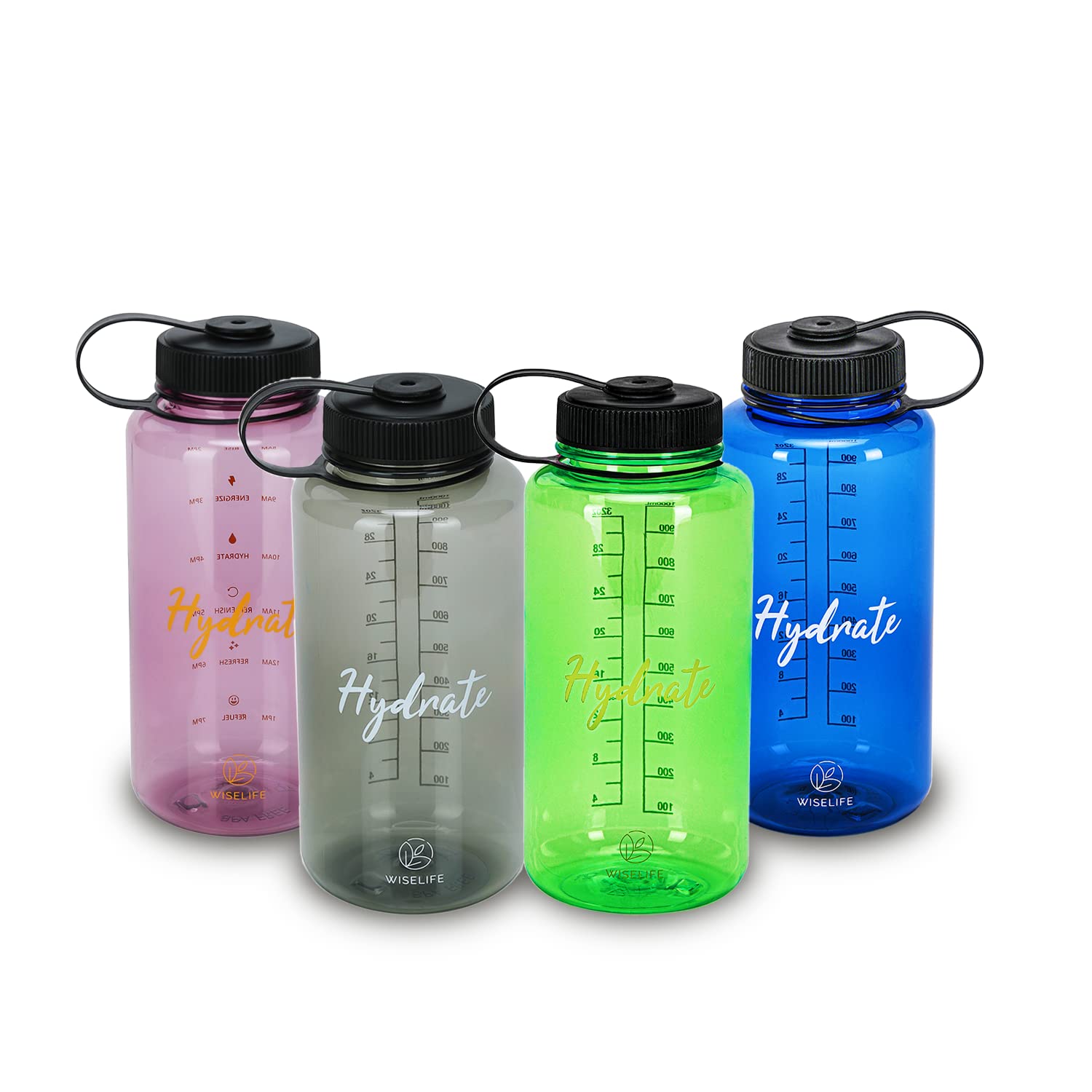 Wiselife Hydrate Large Water Bottle - 1.2 Litre | Premium Plastics, BPS, BPA-Free | Wide Mouth, Lightweight and Easy to Carry Sports Water Bottle with Volume & Motivational Markings (Pack of 4)