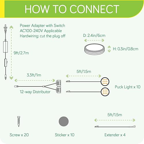 Miniatura 2 de Kit de iluminación para pantalla de vidrio de licor, luz LED de disco para debajo del gabinete, 110 V con cable duro directo y enchufe de pared,