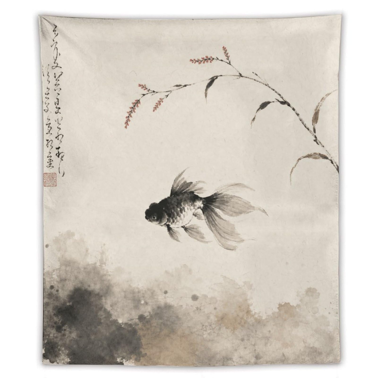 W7C8U2X3 Black Goldfish Wall Tapestry, Asian Ink Style, Ink Wash