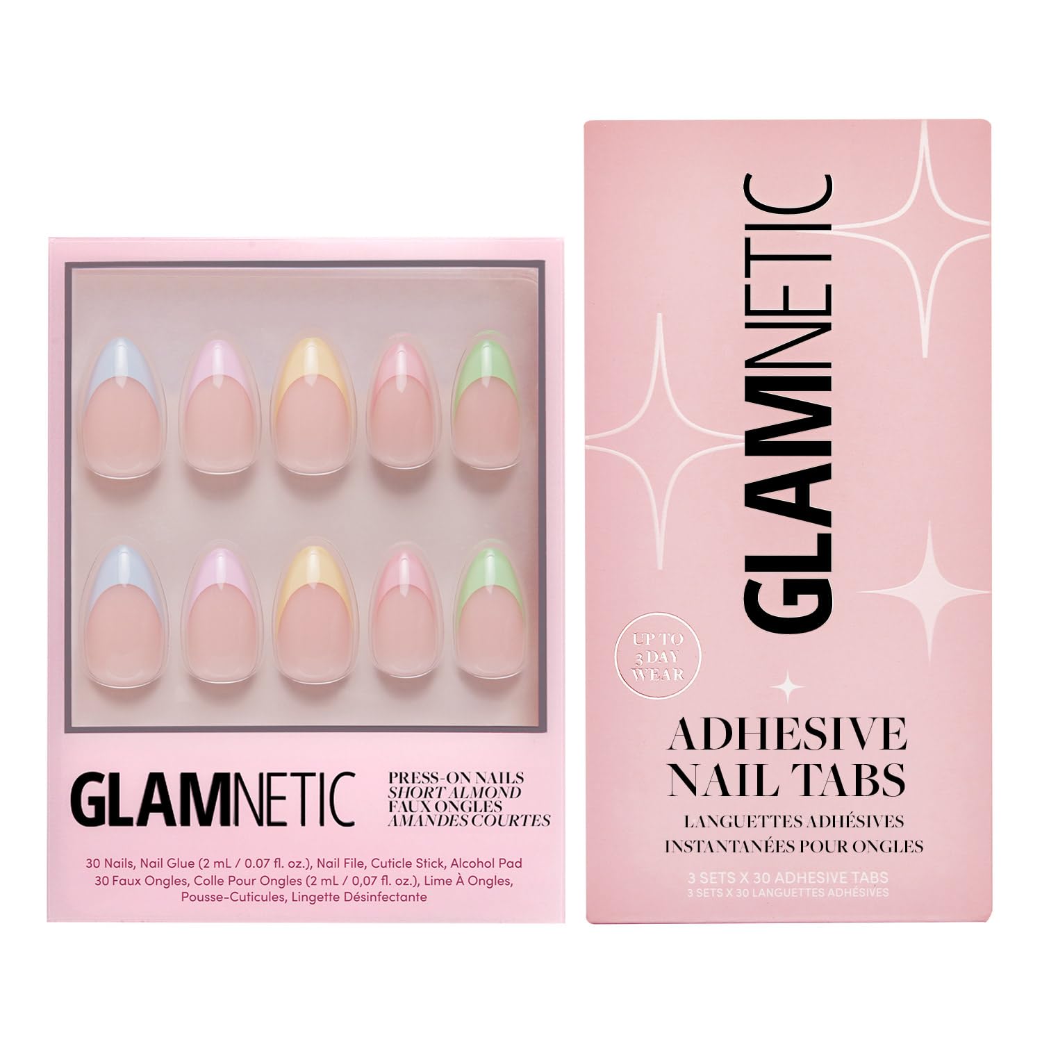 Glamnetic Press-On Nails & Adhesive Nail Tabs - Confetti | Short Almond Pastel French Tip Nails | 15 Sizes - 30 Nail Kit with Adhesive Tabs
