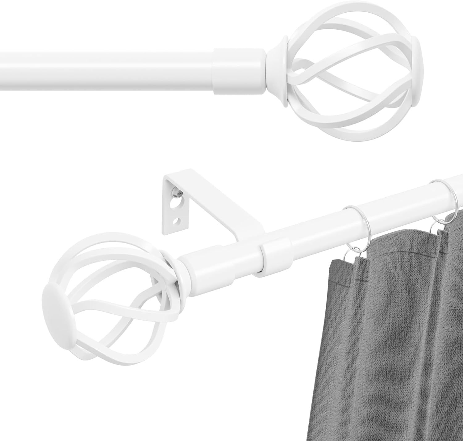 White Curtain Rods for Windows 66 to 120, Heavy Duty Curtain Rod Set with Cage Finials, 5/8" Diameter Decorative Curtain Rods for Outdoor Patio, Sliding Glass Door, Bedroom, Living Room 66-120 inch White