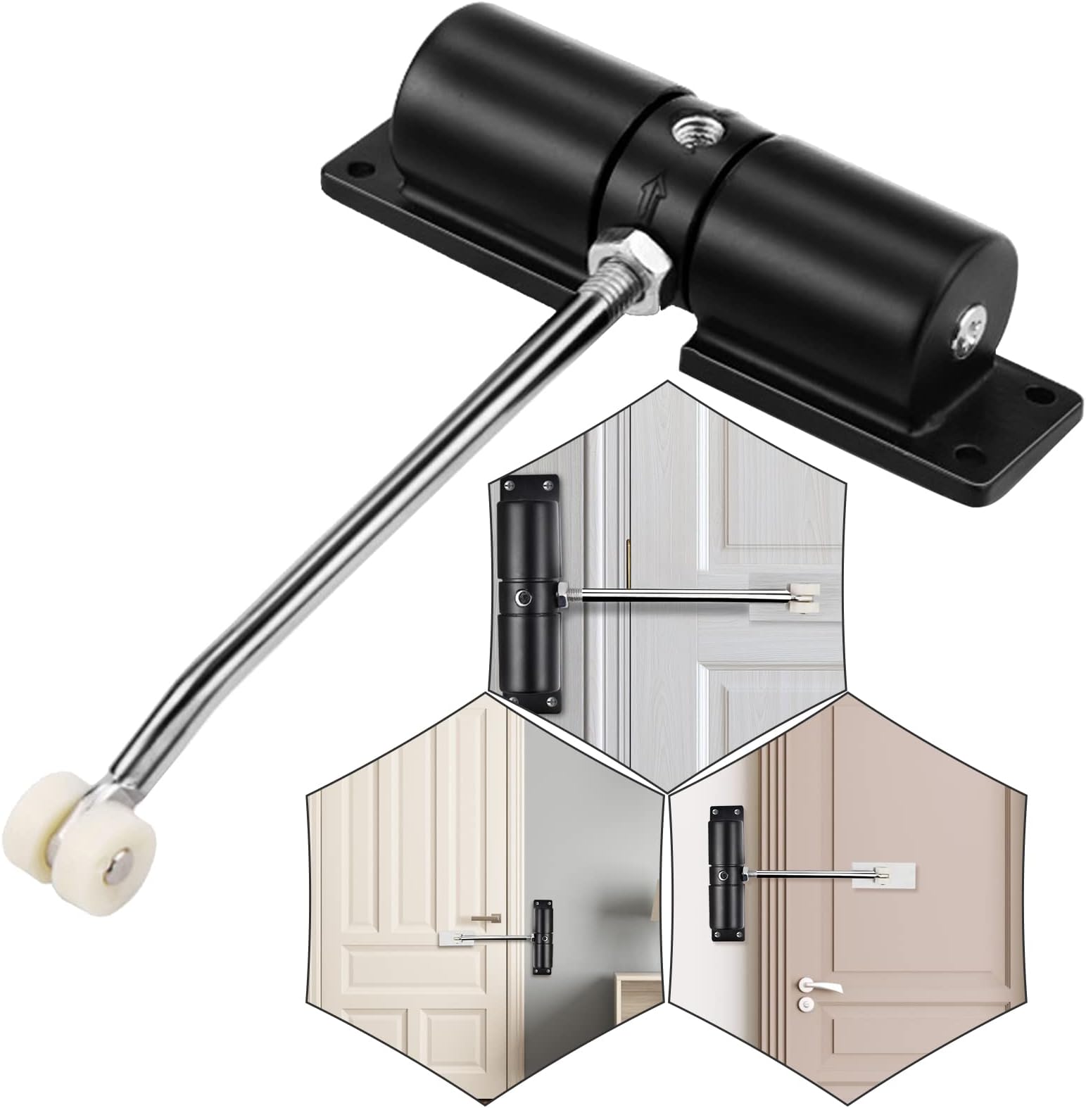 Door Closer, Automatic Door Closers for Interior Doors, Adjustable Hydraulic Spring Loaded Closer, Self Closing Gate Hinge for Weights 20-25kg, with Adjusting Rod and Screws (Black)