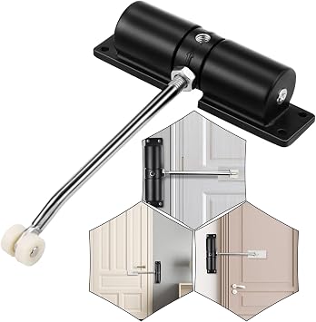 Door Closer, Automatic Door Closers for Interior Doors, Adjustable Hydraulic Spring Loaded Closer, Self Closing Gate Hinge for Weights 20-25kg, with Adjusting Rod and Screws Black