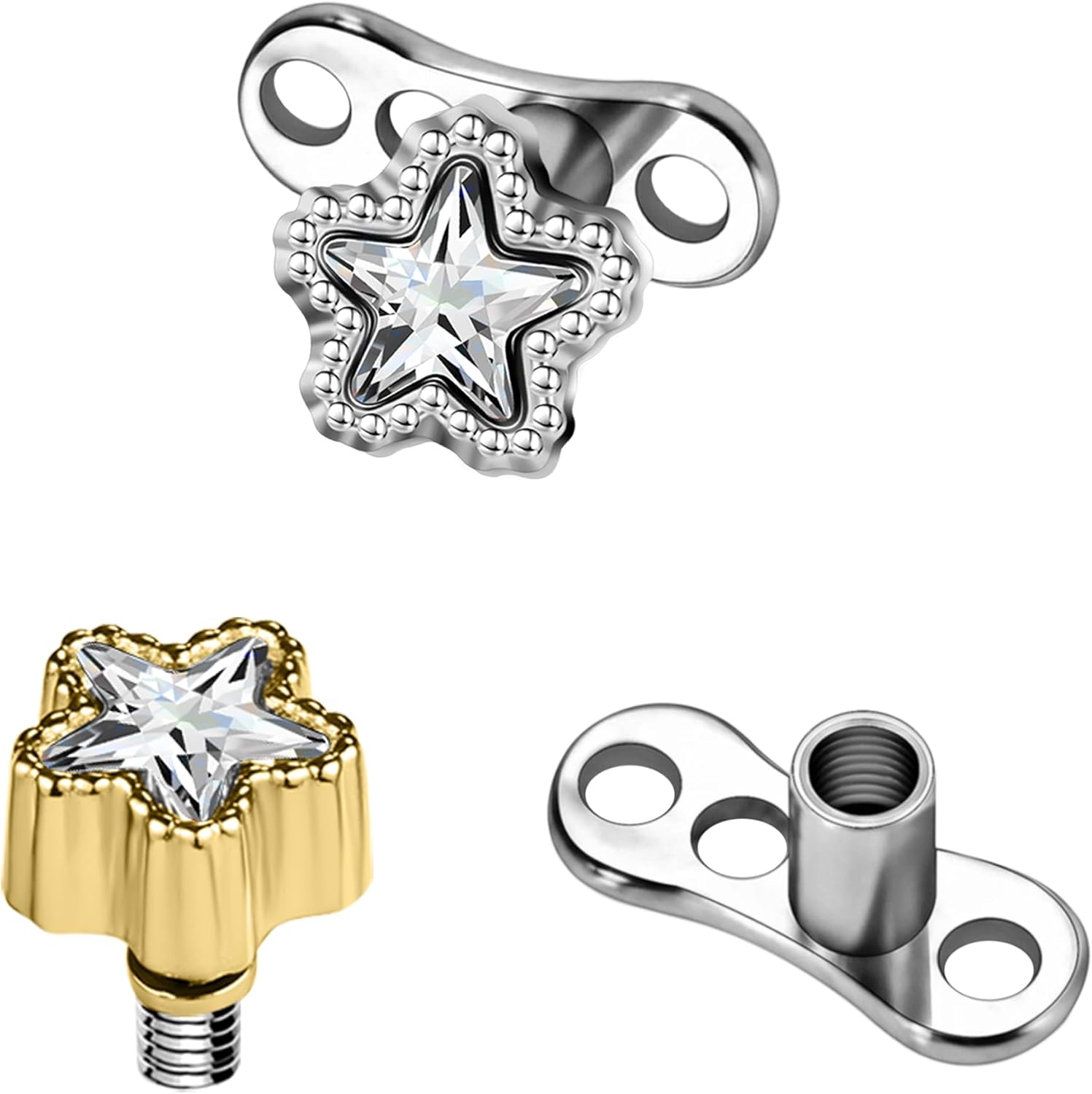 2Pcs Cubic Zirconia Dermal Anchor Tops and Base Surgical Steel Dainty Crystal Microdermals Body Piercings Studs Punk Personalized Jewelry Gifts for Women Hypoallergenic Silver Gold 14G