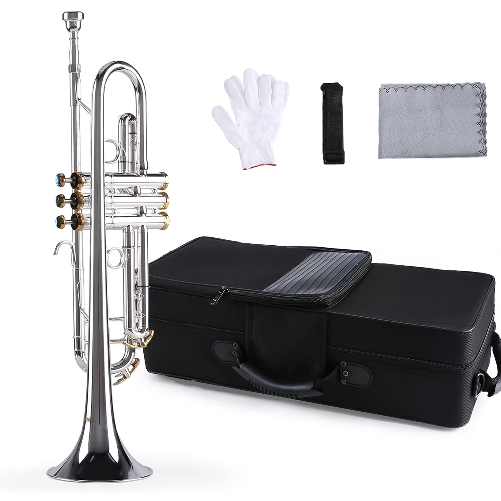 AUNMAS Professionelle B-Flachtrompete, Versilbertes Messing mit 5C-Mundstück, Inklusive Tragetasche, Handschuhen und Reinigungstuch für Musiker