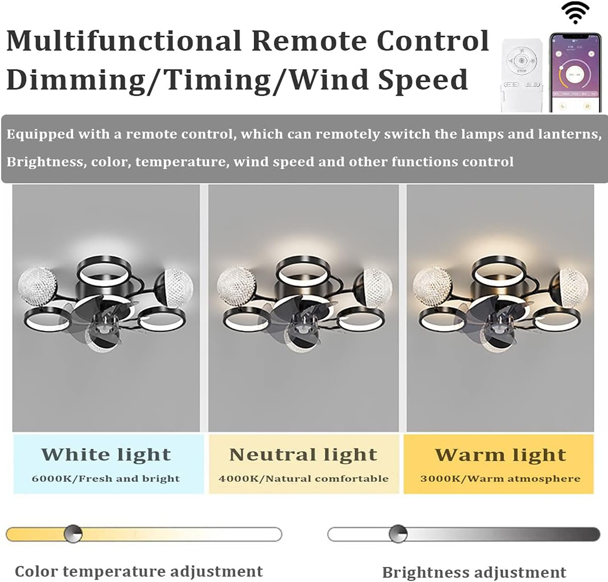 Silent Fan with Ceililight and Remote Control 3 Speeds Bedroom Led Fan Ceililight with Timer 36W Modern Liviroomt Ceilifan Light/Black