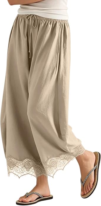 Womens Lace Hem Cropped Pants Drawstring High Waisted Wide Leg Capri Pants Casual Lightweight Capris with Pockets