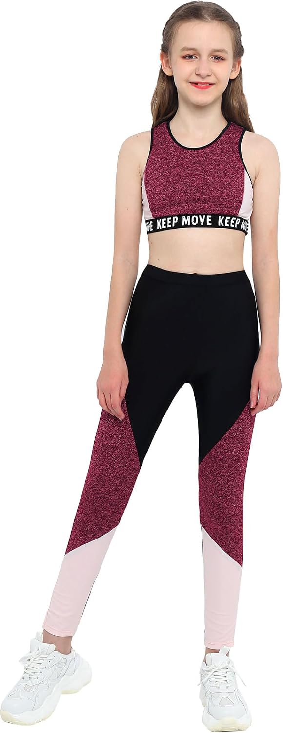 2 Piece Kids Girls Dance Sports Outfit Clothes Crop Top Yoga Bra with Leggings Sweatsuits