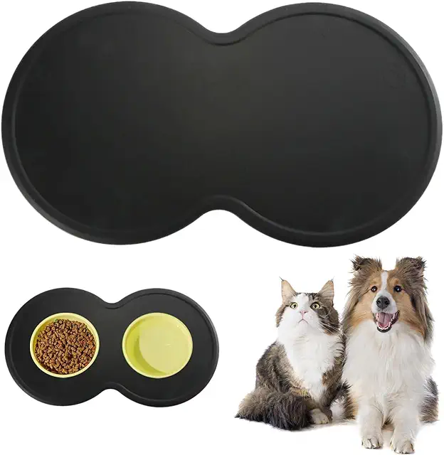 Tapis de Gamelle Antidérapant pour Chien et Chat - Silicone Noir 48x27 cm