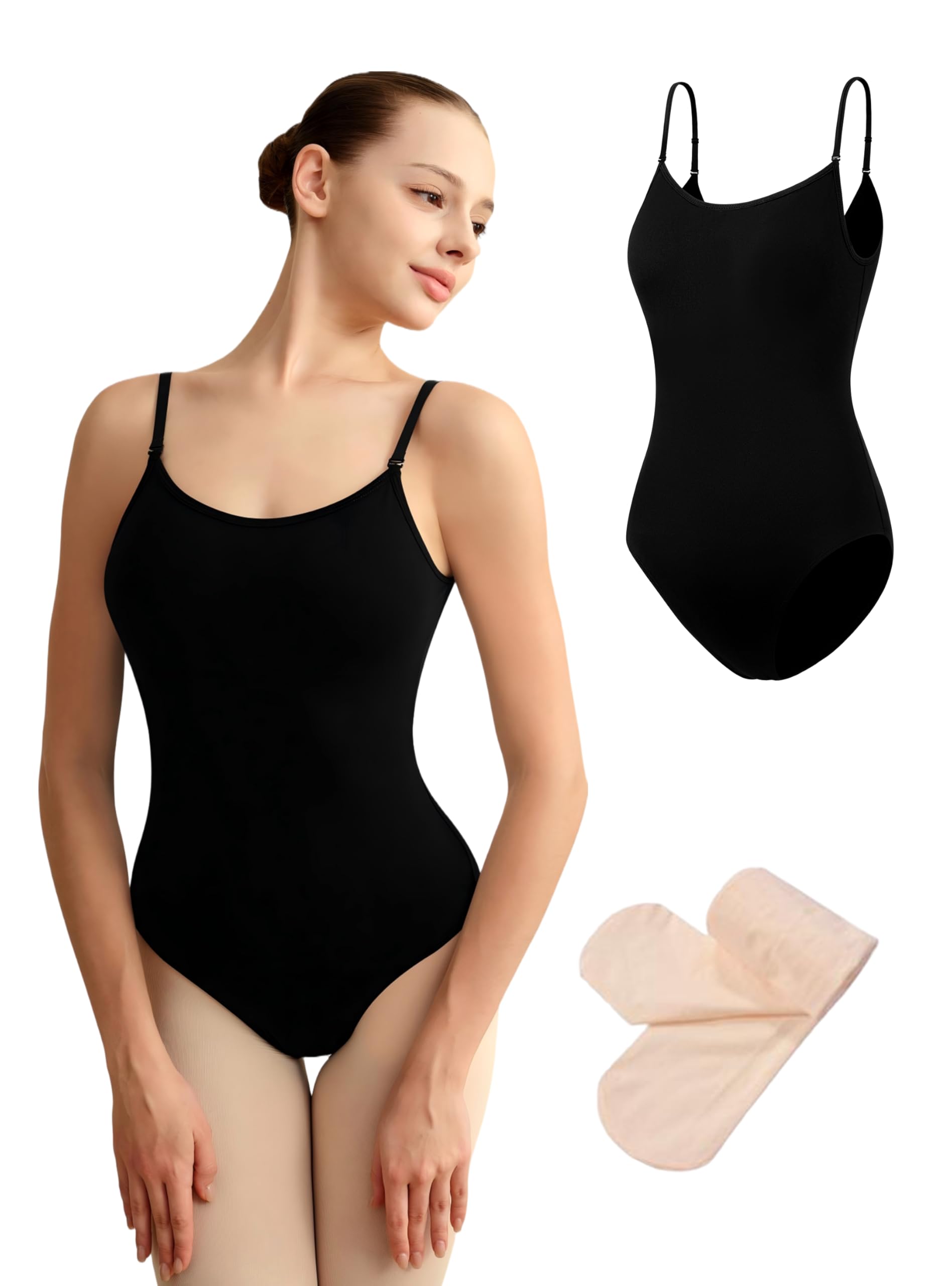 DANSHOW schwarzes Träger-Ballett-Trikot mit Strumpfhosen Damen | Passende Tanzstrumpfhosen, ärmelloser Rundhals-Schnitt, hochelastischer Stoff mit guter Rückstellkraft