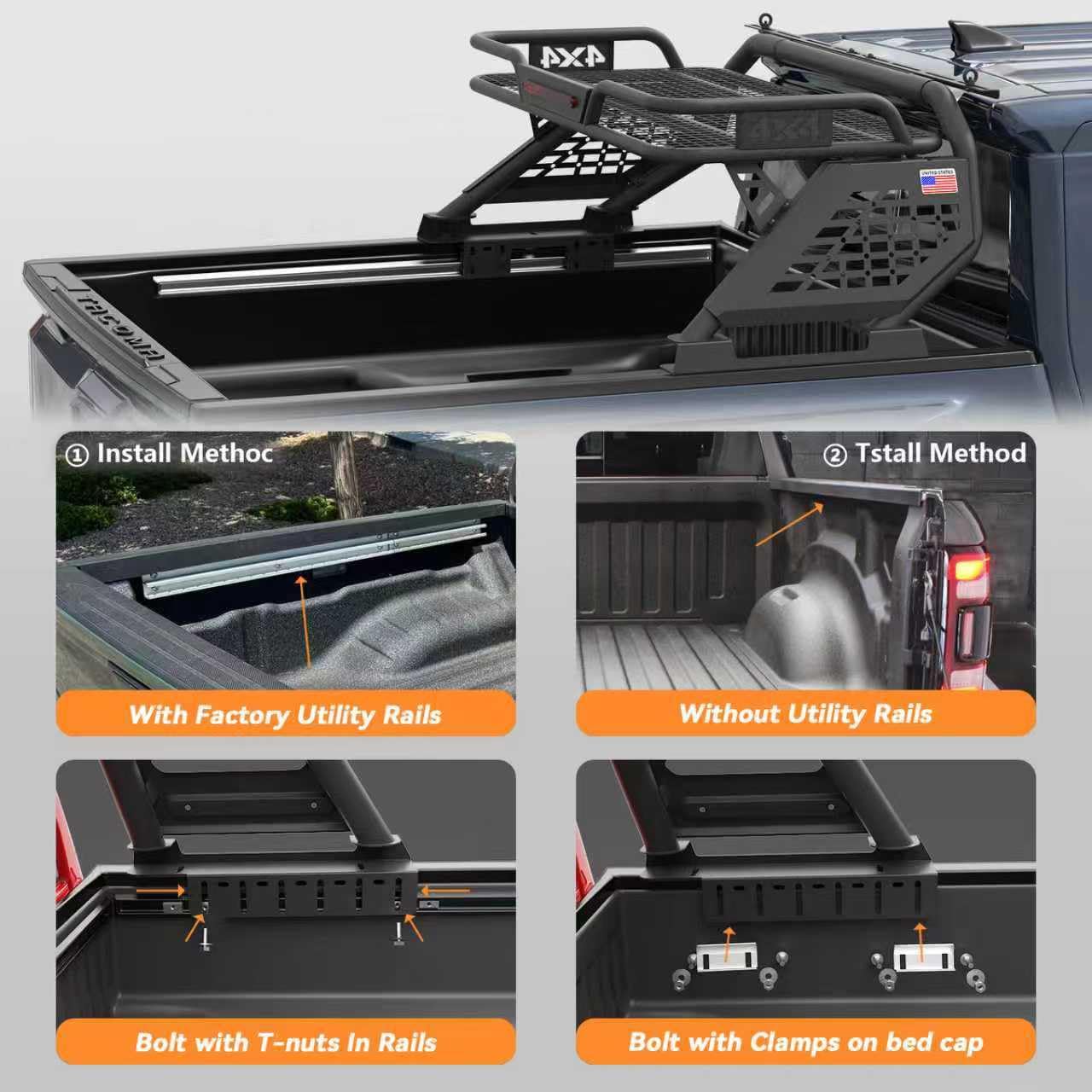 Basket Roll Bar for Mid-Size Trucks with Cargo Basket, Brake Light, Light Mount | Non-Drill Installation for Tacoma, Gladiator, Frontier, Ranger, Colorado, Canyon (Mid-Size Truck)